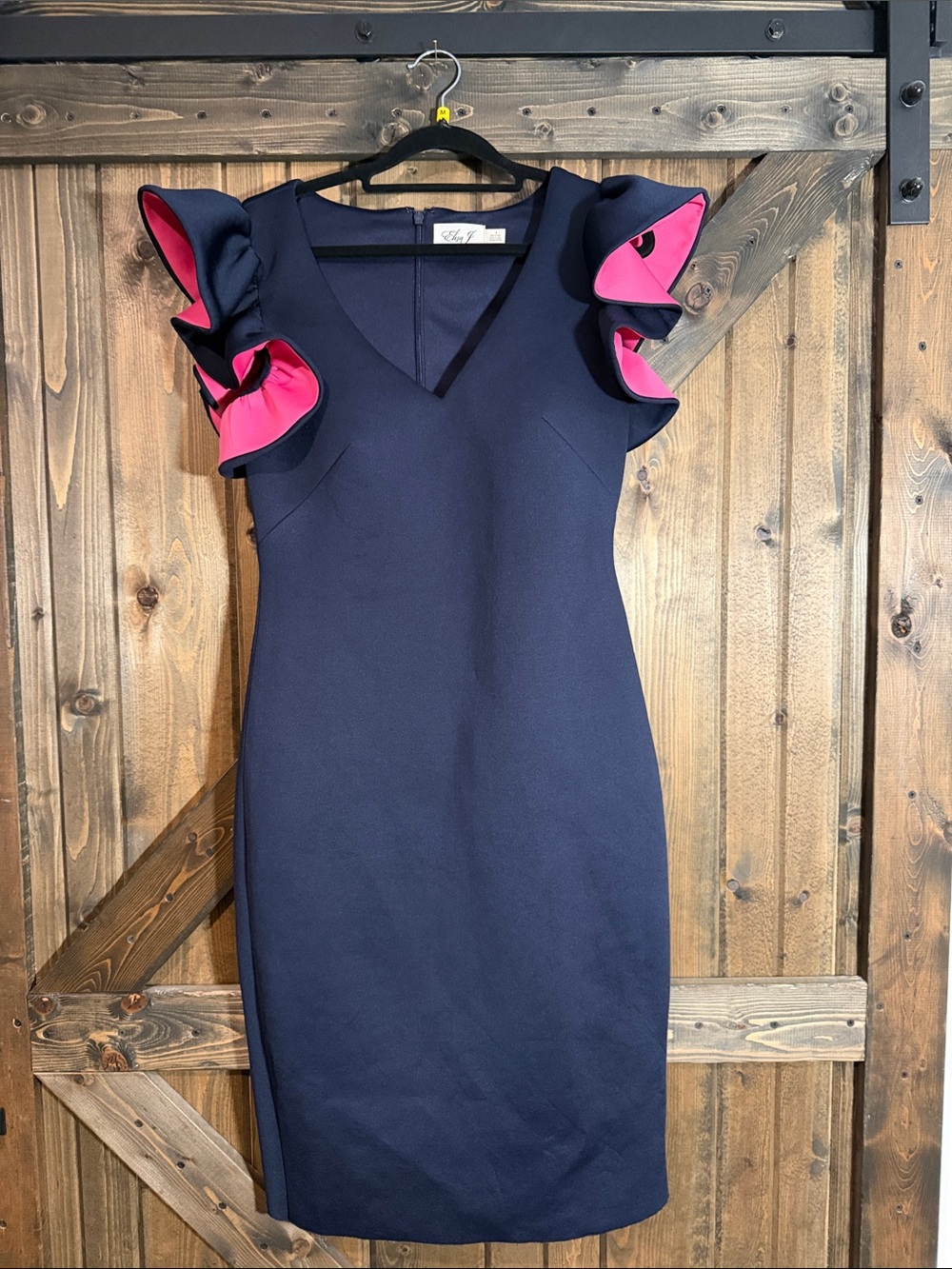 Eliza J Navy Sheath Dress with Pink Ruffle Sleeves